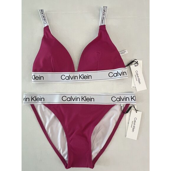 Calvin Klein Swimwear Sz L UPF50+ Magenta Pink Bikini Top & Bottom 2 Pc Set - Picture 1 of 10